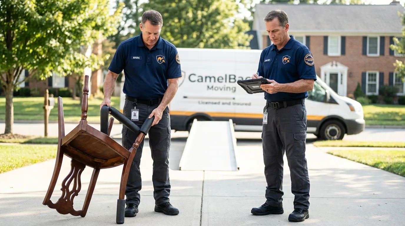 Movers inspecting furniture for damage prevention before loading in Maricopa, AZ