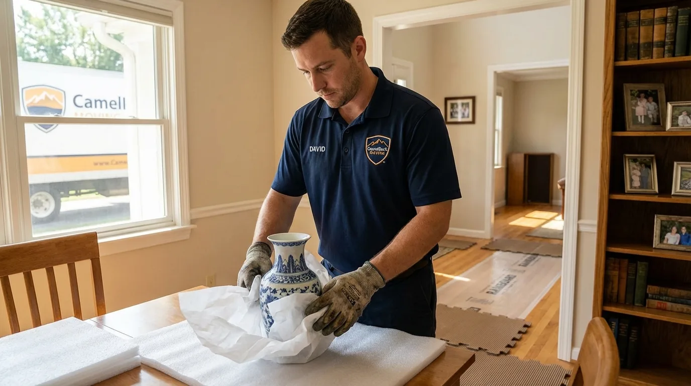 Professional crew carefully wrapping antique vase for senior downsizing move in Maricopa, AZ